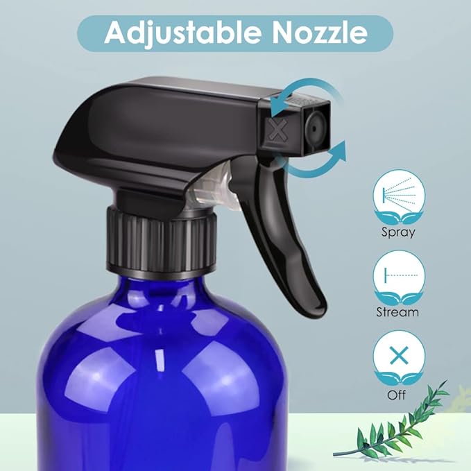 Bontip Glass Spray Bottle, Blue Glass Spray Bottle Set & Accessories Refillable for Plants Window Cleaners Aromatherapy Facial Hydration Watering Flowers Hair Care (2 Pack/16 oz) (Blue)
