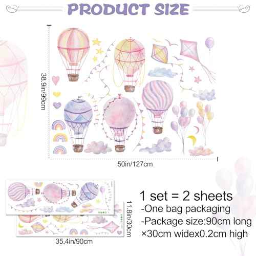 Large Hot Air Balloon Wall Decals Stars Clouds Balloon Vinyl Wall Stickers Colorful Kites Rainbow Wall Art Stickers for Kids Baby Nursery Bedroom