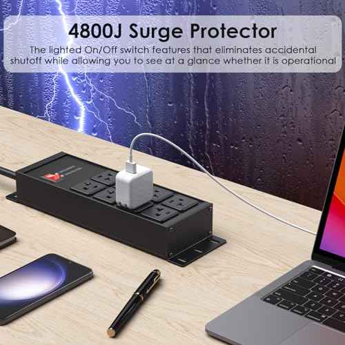 JUNNUJ Heavy Duty 20 Amp Surge Protector 4800J, Garage Metal 8 Outlets 12 Gauge, High Amp 5-15P Adapter Shop 6-20R T-Slot Industrial Outlet, 25 FT Extension Cord Commercial for Appliance