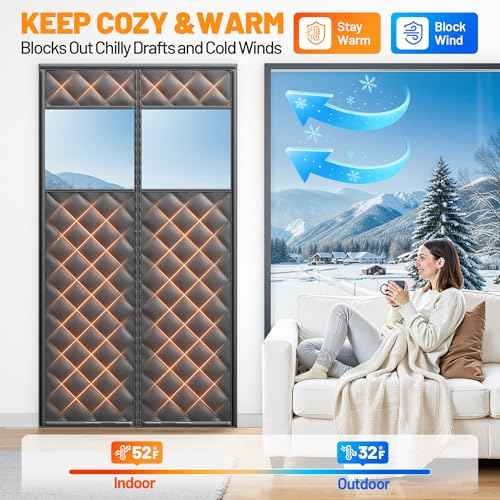 Magnetic Insulated Door Curtain Fits 48"x80" Doors - Thermal Door Cover for Winter with Clear Window, Window Insulation Kit & Doors Draft Stopper to Keep Cold Air Out for Front Doorway Home - Black