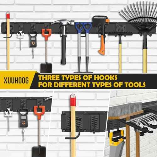 ¡°48¡± Adjustable Garage Wall Tool Organizer - Full-Length Bracket for Garage Storage with 3 Tool Hooks, 2 Double Hooks, 2 Single Hooks and 3 Rails in Heavy-Duty Construction,Tool Organizer
