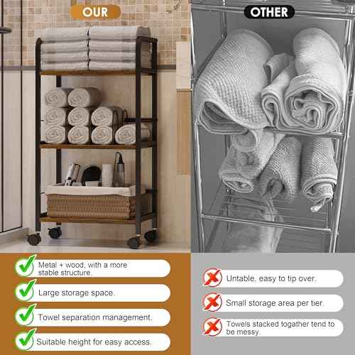 Towel Rack Free Standing Rolling 3-Tier with Removable Dividers & 2 Brake Wheels, Mobile Bathroom Storage Organizer with 3 Wood Shelves for Towels, Toiletries, Poolside Towel Holder