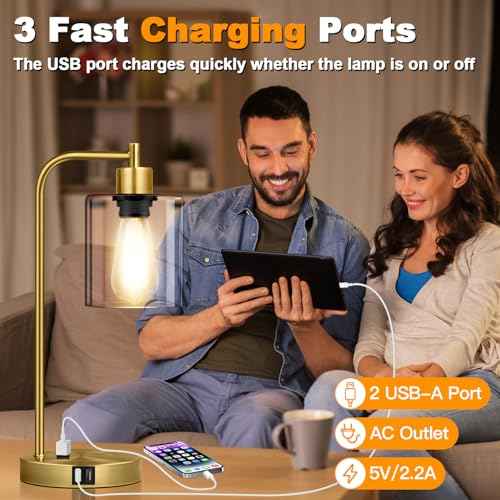 Industrial Touch Table Lamps Set of 2-2 USB Ports & AC Outlet Nightstand Lamps, 3-Way Dimmable Bedside Desk Lamp for Living Room Bedroom, Glass Shade & 2 LED Bulbs Included - Brass