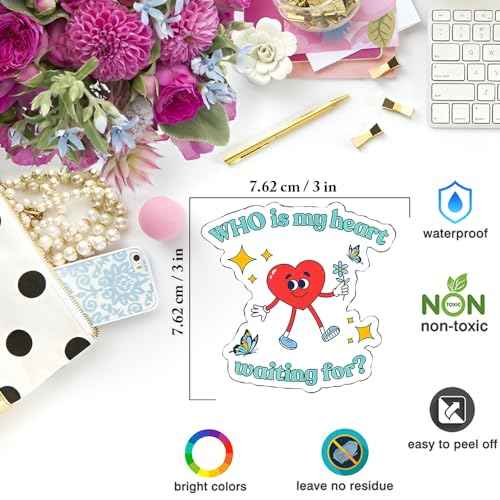 ¡°Who is My Heart Waiting for?¡± Cute Heart Sticker (3pcs) ? Romantic Cartoon Vinyl Waterproof Decals for Laptop, Water Bottle, Scrapbook ? Wholesome Love Quote Gift ? 3x3in