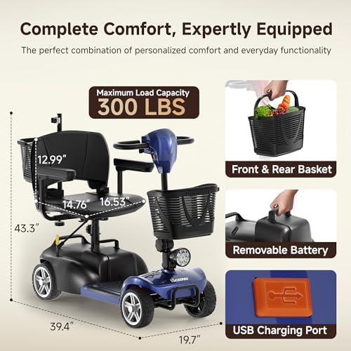 iScooter X02 Pro Mobility Scooter, 20Miles Foldable Mobility Scooter for Seniors & Adult, Powered Electric Wheelchair Device with Removable Battery, 300lb Capacity,Dual Baskets,Crutch Holder,USB Port