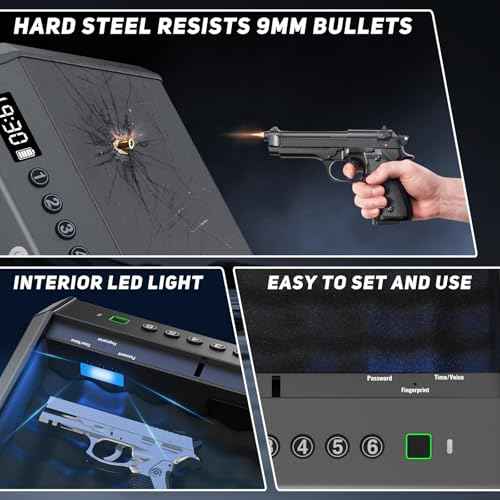 Biometric Gun Safe for Pistols Handgun Safe with Fingerprint Digital PIN Key Gun Lock Box Storage for Home Bedroom Bedside Nightstand and Car, 3-Ways unlock with Emergency Power Supply