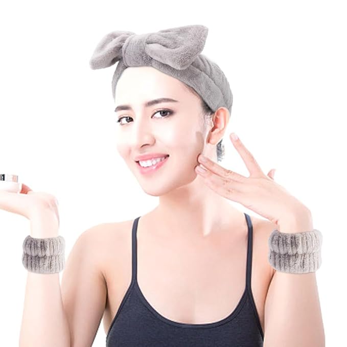 SPA Headbands for Washing Face Makeup Headbands with Bow Hair Band Women Facial Head Band Wrist Towel Wraps For Shower Face Mask White Gray, 6 Pack