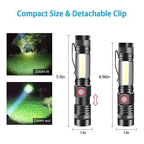 iToncs LED Rechargeable, Super Bright Magnetic Flashlight with COB Work Light, Waterproof, 4 Modes, Pocket Tactical Flashlights for Outdoor Camping Emergency 2 Packs