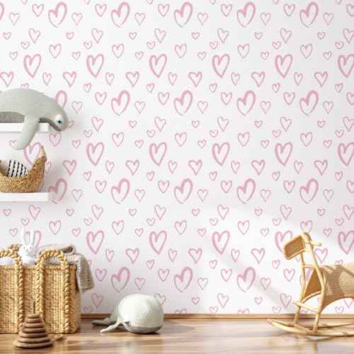 SOON AFTER White and Pink Contact Paper Heart Wallpaper Peel and Stick Wallpaper Modern Removable Self Adhesive Waterproof Wall Paper for Bedroom Kids Room Nurseryls 17.3"x120"