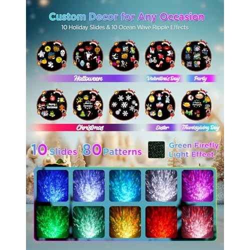 Christmas Projector Lights Outdoor Waterproof, 10 Slides x 8 Bright HD Patterns, Firefly & Ocean Wave Effects, Timer Snowflake Light Projector for House Yard Xmas New Year Valentine¡¯s Thanksgiving