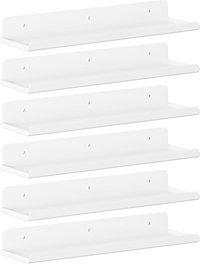 Lifewit Floating Shelves for Wall, Acrylic Display Shelf Wall Mounted for Figure, Car, Art, Book, 14" Perfume Organizer for Bathroom, Bedroom, Living Room, Nursery, Home Decor, White, 6 Pack