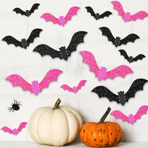 18 Pieces Halloween Bats Wall Decor, 3 Sizes 3D Glitter Pink Black Bats Stickers for Halloween Party Home Kitchen Bedroom Bathroom Decorations