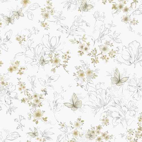Vintage Peel and Stick Wallpaper Floral Boho Contact Paper for Cabinets Wildflower Neutral Self Adhesive Contact Paper Butterfly Removable Waterproof Wallpaper Bathroom Bedroom 17.3inW 78.7inL
