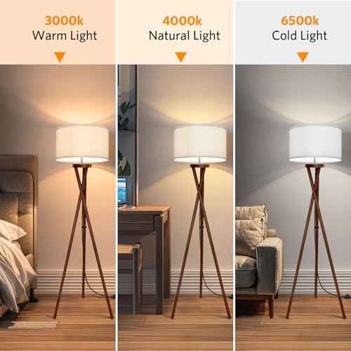 Wood Tripod Floor Lamp, Modern Design Light, Flaxen Lamp Shade with 3 Color Temperatures LED Bulb, Mid Century Standing Lamp for Living Room, Bedroom, Study Room and Office, Brown