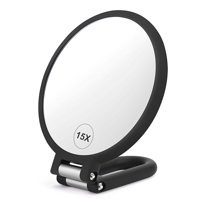 Magnifying Handheld Mirror Double Sided, 1X 15X Magnification Hand Mirrors, Travel Folding Hand Held Mirror, 360°Rotation Pedestal Makeup Vanity Mirror