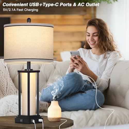 27in Tall Farmhouse Table Lamp with USB C+A & Outlet,Black Industrial End Table Lamp for Living Room,Vintage Rustic Bedside Lamp with Night Light for Bedroom Nightstand,Single Black