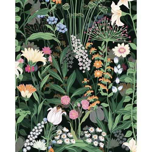 Tomete Boho Vintage Peel and Stick Wallpaper, Floral Wallpaper, Dark Green Black Flower Contact Paper for Cabinets and Drawers, Retro Renter Friendly Sticker, Waterproof, Self Adhesive, Removable