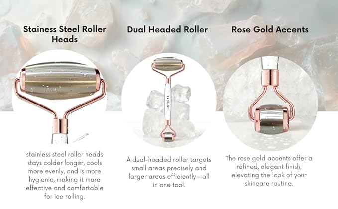 Ice Roller for Face, Dual-Head Stainless Steel, Rose Gold, Facial Massage Tool for Puffiness Reduction, Skin Tightening, Circulation