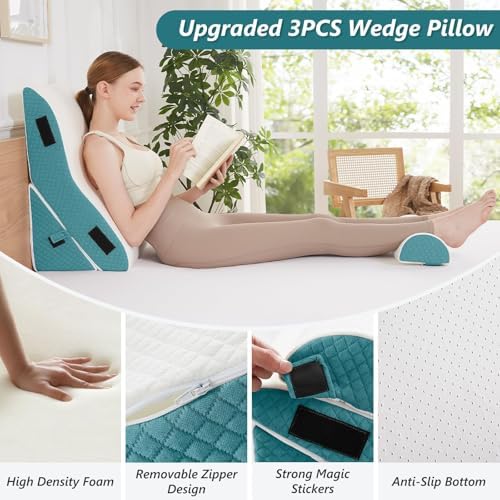 Bed Wedge Pillow Set for Sleeping 3 PCS - 22.5" Wide Triangle Pillow for Back Leg Pain Relief with Washable Cover - 35D Foam Wedge Pillow Post Surgery for Acid Reflux & Snoring (White Blue)