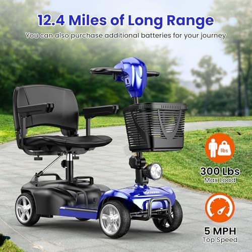 iScooter Mobility Scooter, 4-Wheel Mobility Scooters for Adults & Seniors, 300 lbs Capacity, Lightweight Powered Electric Wheelchair Device with Seat, Detachable Basket, Cup Holder, LED Headlight