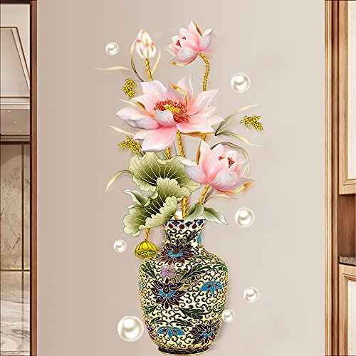 Chinese Style Lotus Flower Classical Vase Wall Sticker Pearl Living Room Art Wall Decals Home Entrance Backdrop Decoration