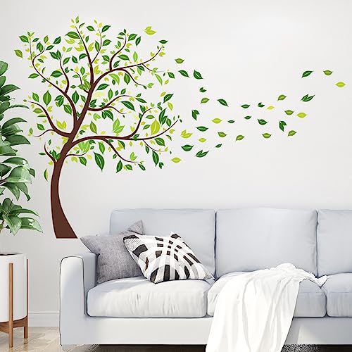 Green Tree Wall Decals Flying Leaves Wall Stickers Green Leaves Wall Decor for Bedroom Nursery Living Room Home Wall Decor (Green-Tree)