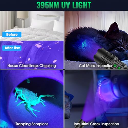 AdamStar UV&High Lumens Flashlight Rechargeable, 2-in-1 Powerful Blacklight LED Flashlight Tactical 6 Modes Super Bright Waterproof Zoomable Detector for Pet Urine Curing Resin Camping
