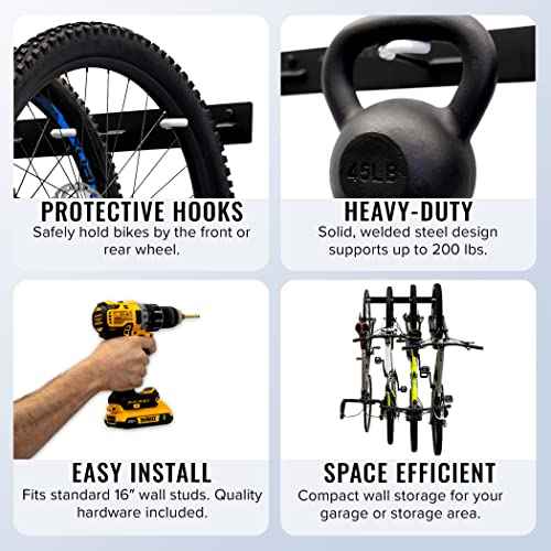 StoreYourBoard Bike Storage Rack, 4 Bike Racks for Garage, Solid Steel Extra Heavy Duty BLAT Bike Rack - Garage Wall Mounted Bicycle Storage, Up to 200lbs, 32-inch