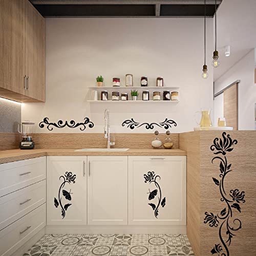 PLIGREAT 2 Sheets Black Flowers Vines Wall Stickers, Butterfly Floral Wall Decals Removable Vinyl Peel and Stick Sticker for Bathroom Nursery Bedroom Living Room Home Indoor Window Decor