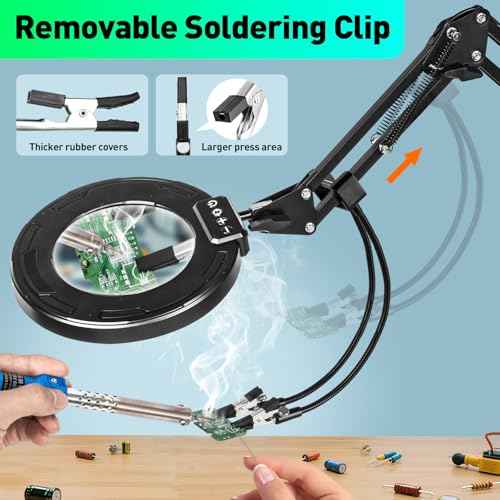 12X Magnifying Glass with Light and Clamp, Ultra Long 3-Section Arm LED Lighted Desk Magnifier, Helping Hand Solder Station, 5 Color Stepless Dimming, 4-Way Large Clip for Craft Workbench Repair