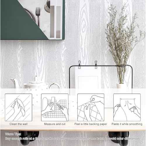 Yun-aeon White and Silver Wood Contact Paper 17.3"x80" Rustic Wooden Peel and Stick Wallpaper Removable Self-Adhesive Wallpaper Wood Grain Contact Paper for Countertops Cabinets
