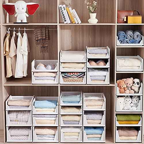 Stackable Plastic Storage Basket-Foldable Closet Organizers and Storage Bins - Drawer Shelf Storage Container for Wardrobe Cupboard Kitchen Bathroom Office (White Small-4 Pack)
