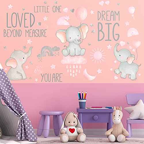 Outus 7 Pcs Dream Big Little One Elephant Nursery Wall Stickers Wall Decor Baby Room Moon Hot Air Balloon Pink Grey Stars Decals for Kids Living Room Bedroom Decorations Home Decor