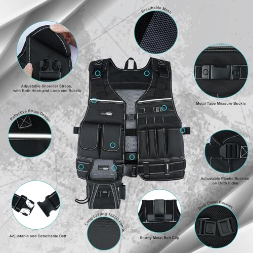 MELOTOUGH Tool Vest for Men with Pouches and Belt, Adjustable Multi-Pocket Safety Tool Vest for Electrician, Carpenter(Black)
