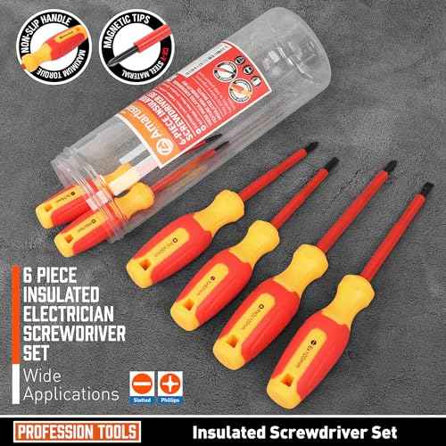 Amartisan 1000V Insulated Electrician Screwdriver Set 6-Piece, 3 Phillips and 3 Slotted Tips Professional Cushion Grip Screwdriver Set