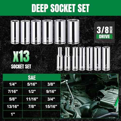 SK 3/8" Drive Socket Set, Deep SAE Sockets, 13-Piece 1/4" to 1", SuperKrome Finish, Premium CR-V Construction, with Aluminum Socket Organizer