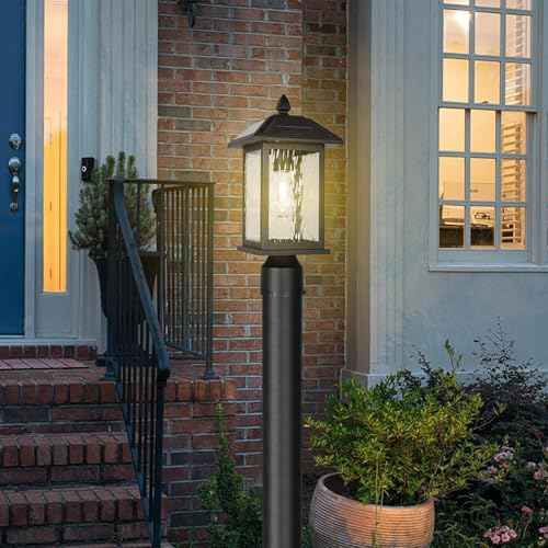 Solar Outdoor Post Light Fixture£¬Dusk to Dawn Modern Exterior Pillar Lantern with Black Finish & Water Ripple Glass£¬Waterproof Outside Pole Light for Garden, Backyard, Courtyard