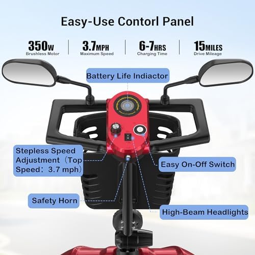 4-Wheel Mobility Scooter for Seniors, Foldable Electric Scooter, Lightweight Powered Electric Wheelchair, Compact Heavy Duty Scooter with Electromagnetic Brake, Rotating Seat, 350LBS Capacity-Red