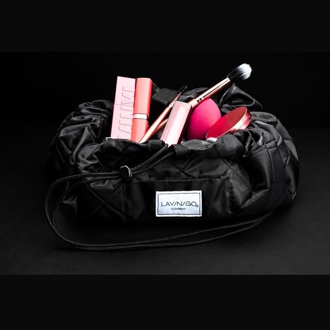 Lay-n-Go Cosmo Layflat Cosmetic & Makeup Bag Organizer - Portable Drawstring Bag w/Zipper Pocket, Brush Storage Loops & More - Durable, Machine Washable Toiletry Bag for Travel (22", Black)