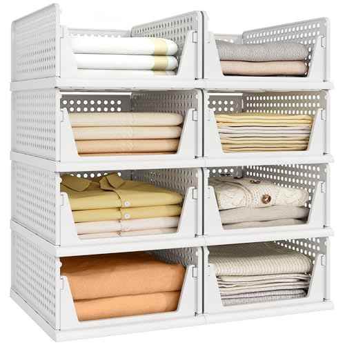 Pinkpum 8 Pack Closet Organizers and Storage Plastic Stackable Storage Bins, Foldable Drawer Shelf Storage Container for Wardrobe Kitchen Bathroom Dorm White