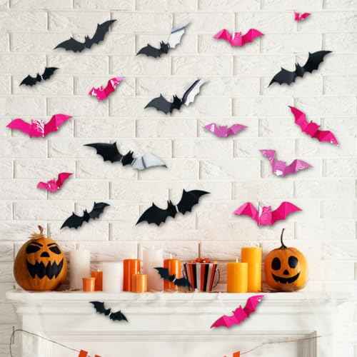 48 Pcs 3D Bats Wall Decals - Removable Rose Pink & Black Designs DIY Halloween Decorations for Party Indoor Home Kitchen Bedroom