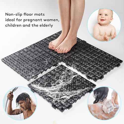 12PCS Interlocking Drainage Mat, 12" x 12" Non-Slip Splicing Rubber Drainage Floor Mats with Holes, Cushioning Floor Tiles Mats for Deck, Pool, Indoor Bathroom & Outdoor Balcony-Black