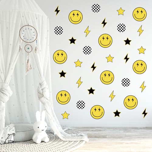 Whaline 12 Sheets One Happy Dude Wall Stickers Black Yellow Smile Face Lightning Star Checkered Dot Wall Decals Preppy Room Mural Stickers for Party Home, 7.9 x 11.8 Inch