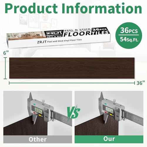 Peel and Stick Vinyl Floor Tiles Upgraded 0.07-Inch 36" x 6", 54 Sq. Ft. 36-Pack, Wood Look Waterproof Self-Adhesive Flooring Planks, DIY Flooring for Kitchen, Bathroom, Living Room, RV, Dark Brown