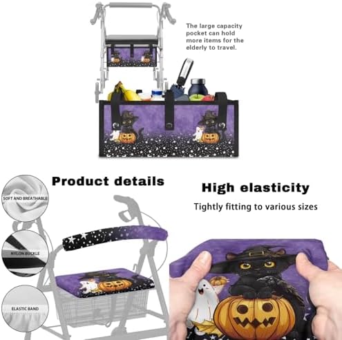 LedBack Black Cat Pumpkins Wheelchair Bag for Seniors Walker Accessories Rollator Walker Cover and Backrest Cover and Under Seat Bag, Halloween Decorations