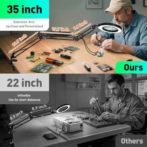 12X Magnifying Glass with Light and Clamp, Ultra Long 3-Section Arm LED Lighted Desk Magnifier, Helping Hand Solder Station, 5 Color Stepless Dimming, 4-Way Large Clip for Craft Workbench Repair