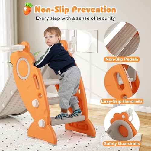 BABY JOY Toddler Slide for Kids, 4 in 1 Indoor Foldable Kids Slide w/Climber, Basketball Hoop & Ring Toss, Folding Climber Playset Baby Freestanding Playground