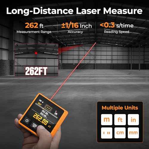Laser Measuring Tool, 262ft Laser Measure with Digital Angle Finder & Level, Rechargeable Laser Measurement Tool with 2.4'' Color Backlit Display, 6 Units Ft/in/M, Length/Area/Volume/Pythagorean Mode