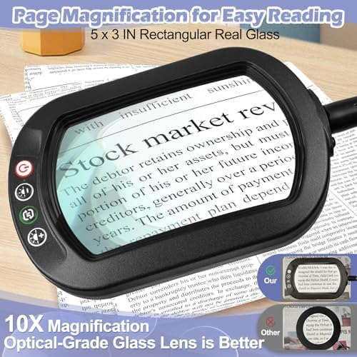 Drdefi 10X Rectangular Magnifying Glass with Light and Stand, 24" Flexible Gooseneck Floor Lamp, 5 Color Modes Stepless Dimmable, 3-in-1 LED Lighted Magnifier Light Hands Free for Reading Craft Sewing