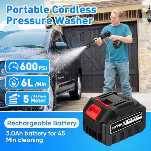Portable Cordless Pressure Washer, 600 PSI 3.0Ah Rechargeable Battery Powered Pressure Washer, 6-in-1 Nozzle with Standard Nozzle for Car Floor Wall Fence Cleaning, Pet Cleaning